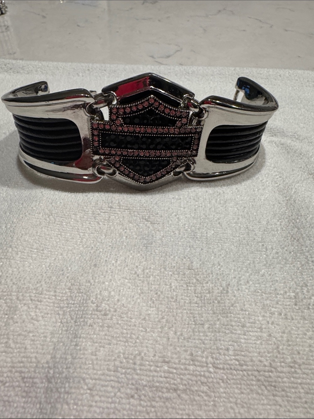 Harley-Davidson Silver and Black Rhinestone Shield Cuff Bracelet